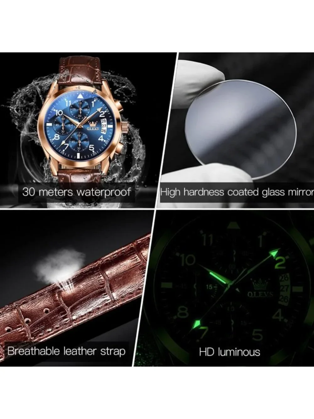 Stylish Brown Leather Men's Watch, Large Face Chronograph, Waterproof Analog